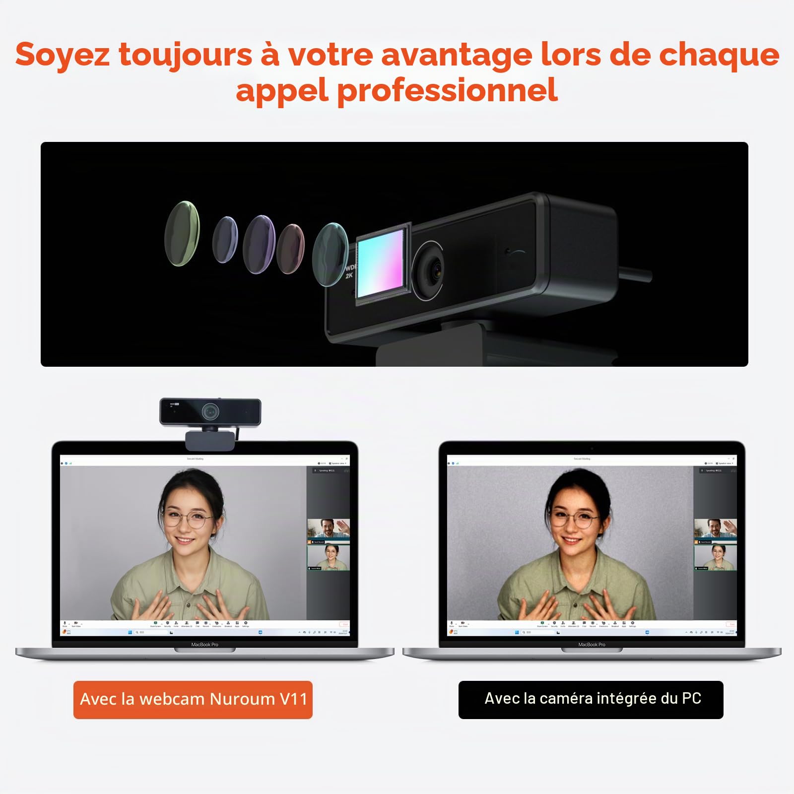Nuroum V11 2K Webcam PC avec Microphone, Full HD 1080P/60fps Business Webcam pour Zoom/Skype, 90° Grand Angle, Couvercle de Privacité, USB Plug&Play Caméra Web pour Windows/Mac PC/Laptop