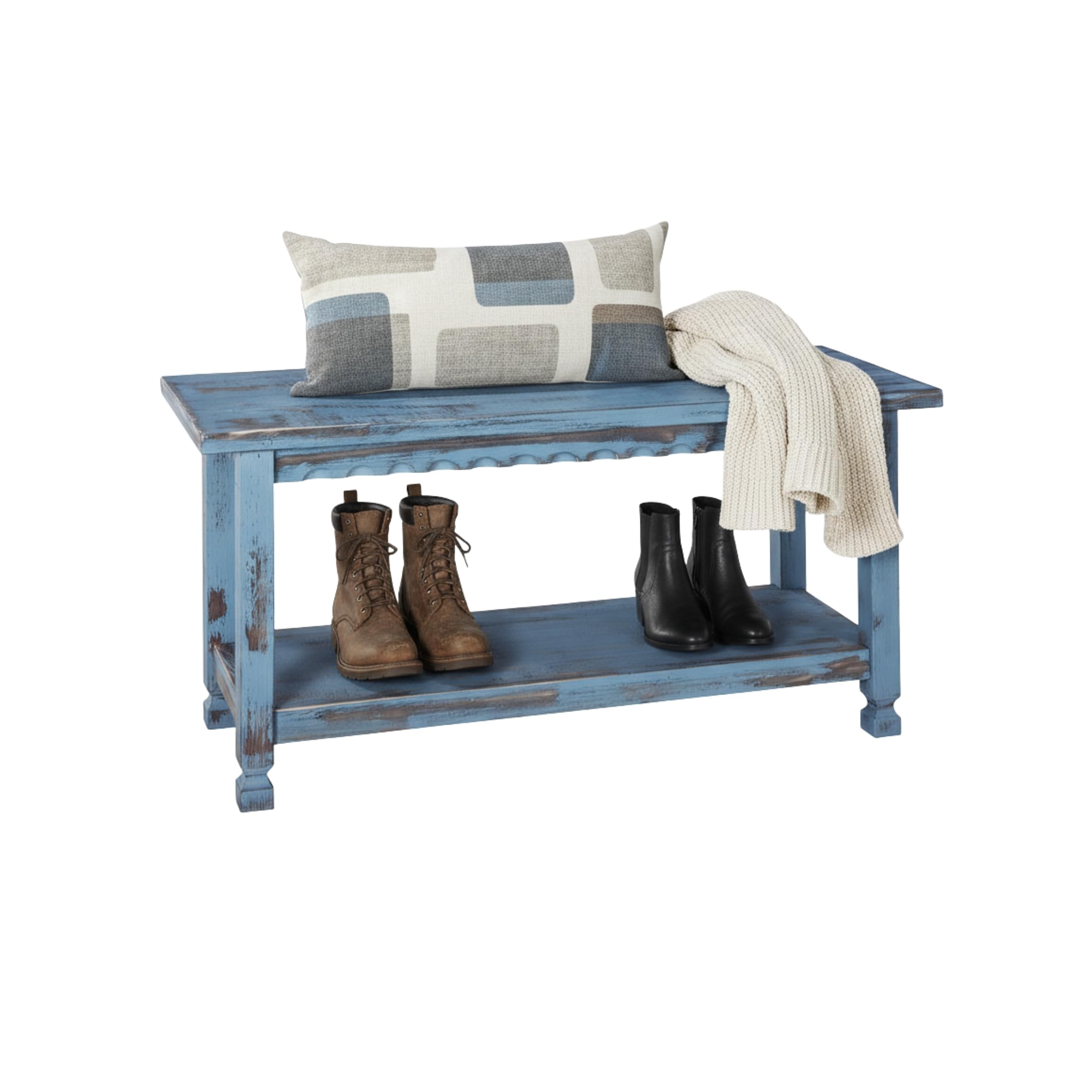 Country Cottage Entryway Bench with Storage Shelf – 36 Inch Solid Wood Farmhouse Bench in Antique Blue Distressed Finish for Rustic Hallway or Living Room Accent by Alaterre Furniture