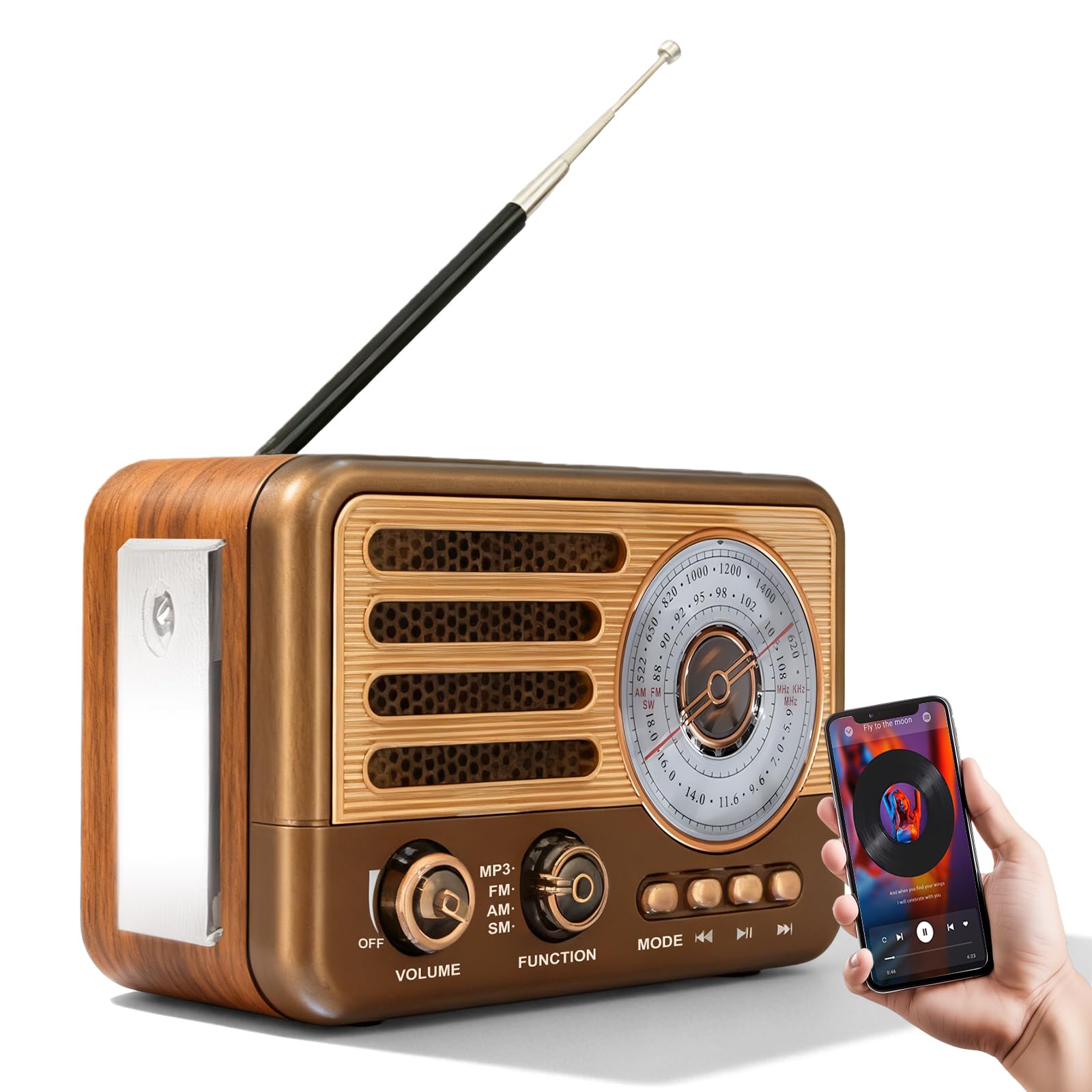 Radio rétro avec Bluetooth, transistor vintage, petite radio AM/FM/SW, prend en charge la lecture USB/TF/Aux-MP3, rechargeable, pour la maison, le bureau, l'extérieur