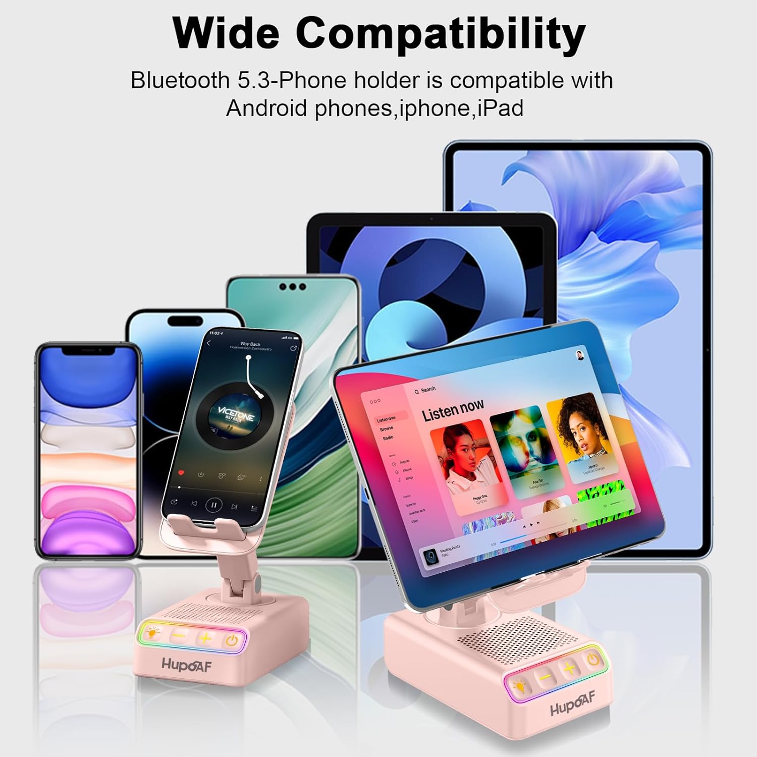 Hupoaf Adjustable Cell Phone Stand with Wireless Induction Bluetooth Speaker, HD Surround Sound for Home and Outdoors, Compatible with iPhone/Samsung Galaxy, 2026 Birthday Gifts for Men Women Dad Mom