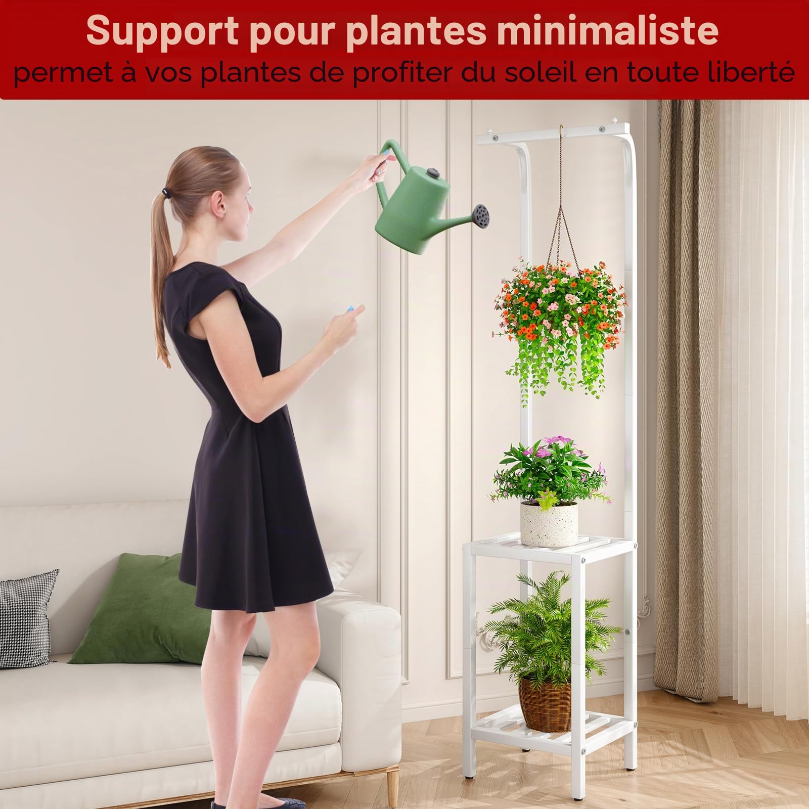 IBUYKE 170cm de Haut Support pour Plantes d'Intérieur et d'Extérieur, 3 Étagères Suspendues Support Pot de Fleurs en Métal, Étagère à Plantes pour Salon Balcon Jardin, Blanc TMJ076W