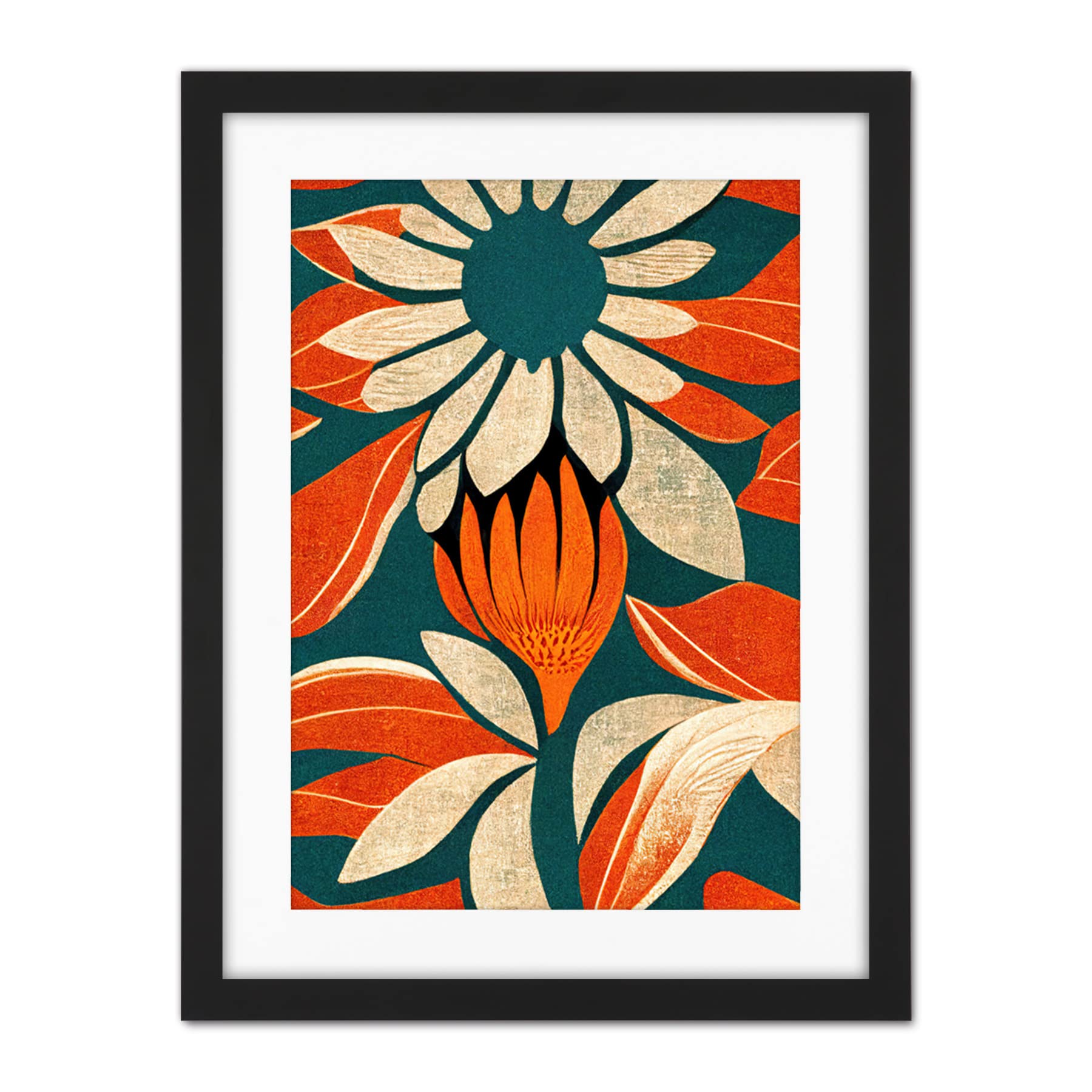 Doppelganger33 LTD Flower Design Teal Orange Abstract Linocut Artwork Framed Wall Art Print 18X24 Inch