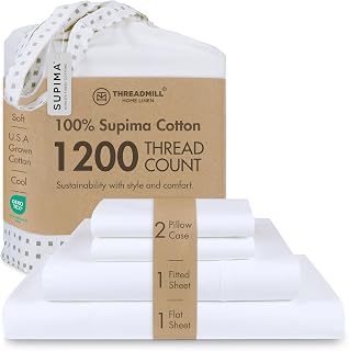 Threadmill 1200 Thread Count Supima Cotton King Sheets Set - 100% American Certified, 17" Deep Pocket, 4PC White Sateen Luxury Bed Sheets