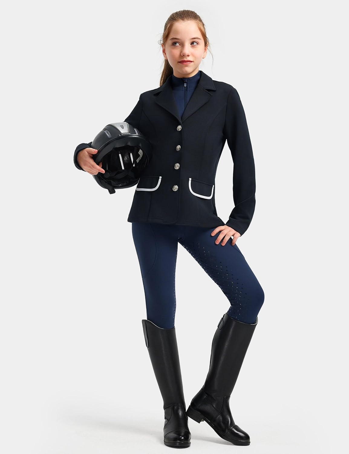 FitsT4 Sports Girls Equestrian Outfits, 2 Piece Kids Horse Riding Set, Girls Equestrian Shirt & Knee-Patch Silicone Breeches