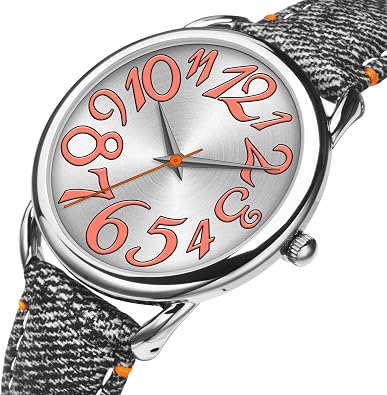 Bisley Women Watch Big Arabic Numbers Dial Easy to Read Denim Leather Strap Watch