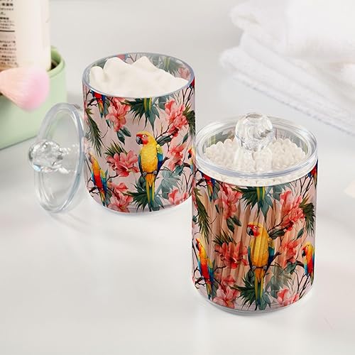Miniatura 4 de Paquete de 2 dispensadores Qtip con tapas, contenedores de almacenamiento de plástico de flores tropicales de loro, organizador de recipientes de