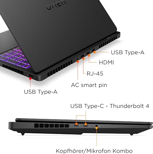 HP Omen Max Ordinateur Portable de Jeu, écran WQXGA 16" 240 Hz, AMD Ryzen AI 9 HX 375 (12C) 55 NPU Tops - Jusqu'à 5,1 GHz, NVIDIA GeForce RTX 5080 16 Go VRAM, 32 Go de RAM, SSD 1 to, Win 11, QWERTZ - 13
