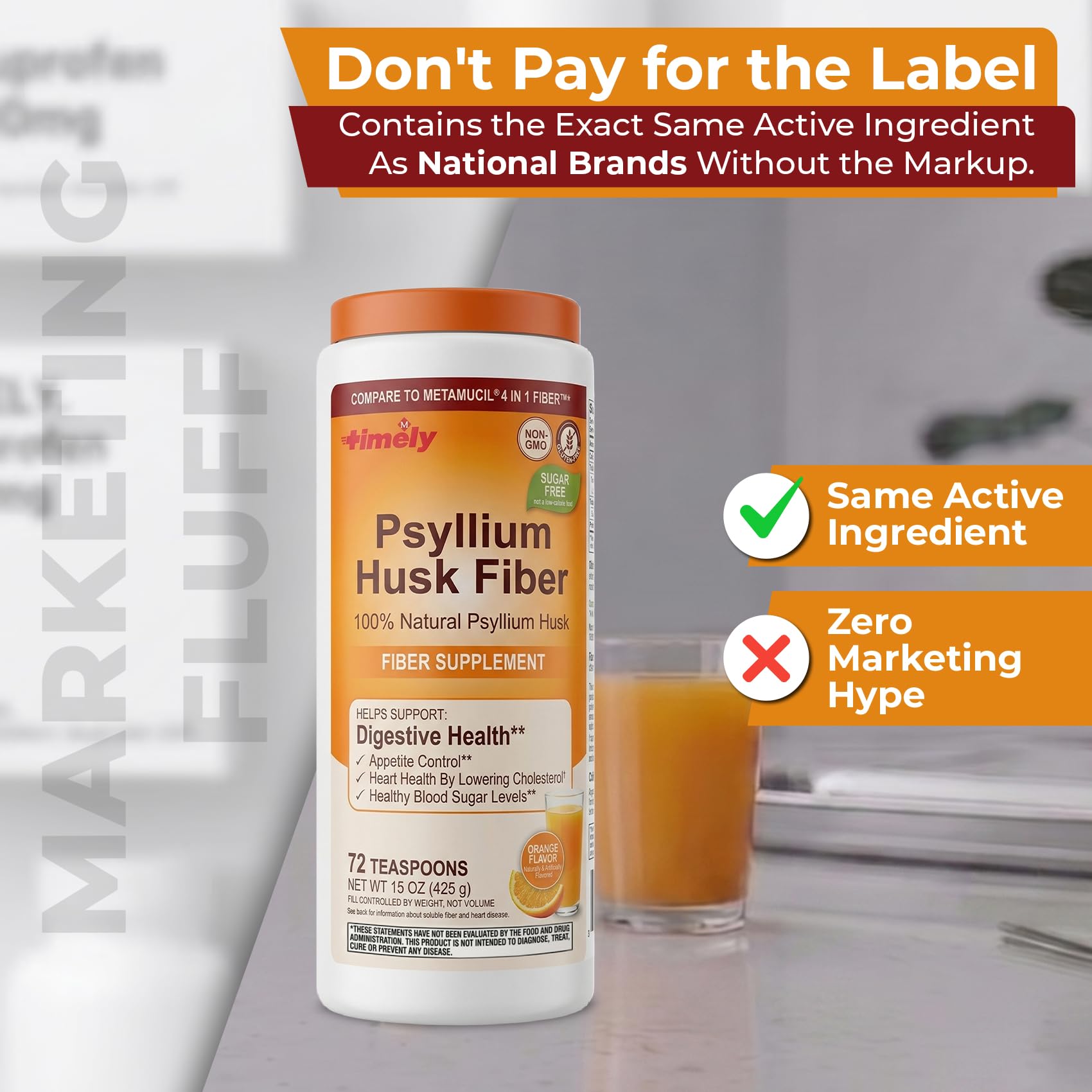 TIME-Cap Labs Psyllium Husk Powder Fiber Supplement, Orange Flavor, 15 oz — Amazon image 4
