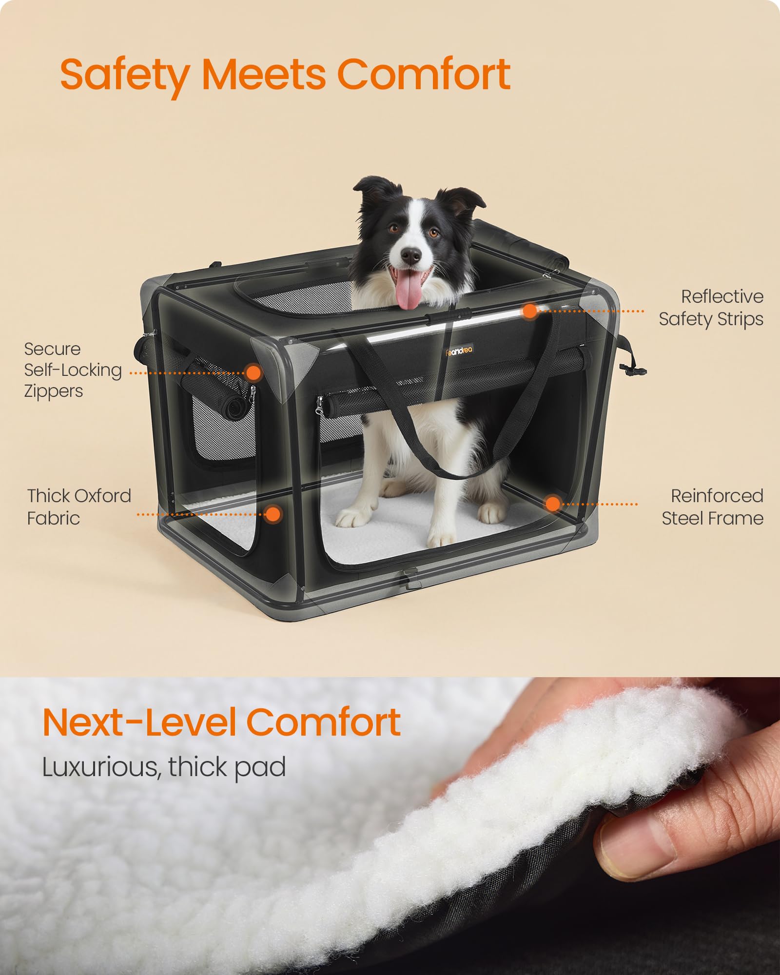 Feandrea Collapsible Dog Crate, Portable Oxford Fabric Pet Travel Crate with 4 Mesh Doors, Handles, Pocket, 30 Inches, for Medium Dogs, Ink Black and Dove Gray UPDC027BH01 - image 5