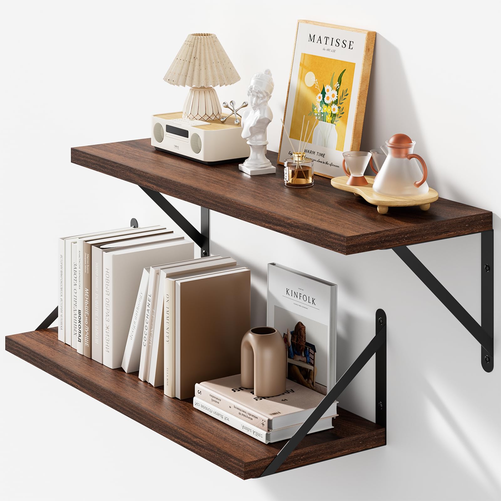 Heimlove Floating Shelves Set of 2, 40cm Walnut Wall Shelves with Metal Brackets, Book Shelf 15cm Deep for Living Room, Bedroom, Kitchen, Bathroom, Home Office & Book Storage