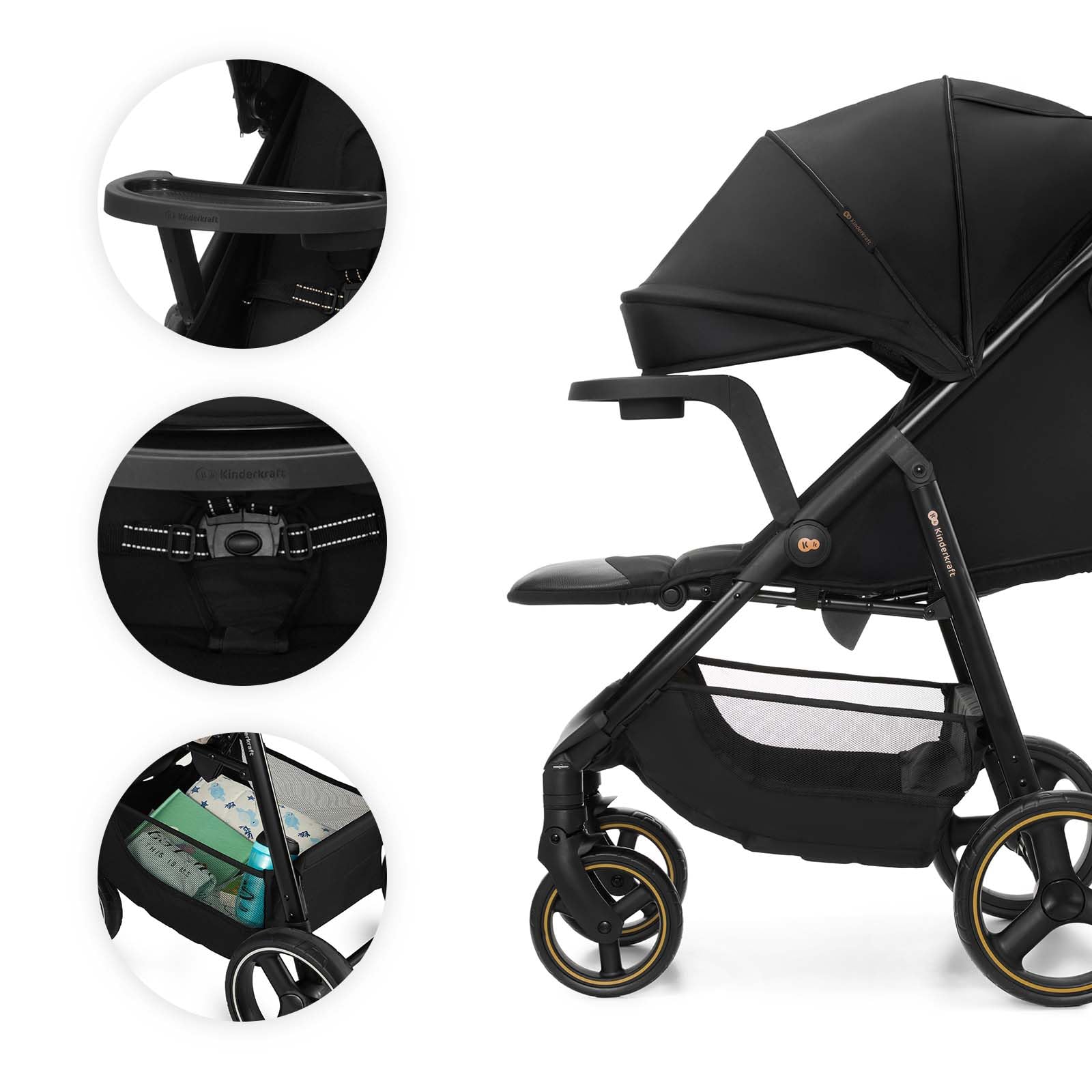 Kinderkraft TRIG 3 con vassoio, Passeggino 22 kg, CLICK & FOLD, Nero