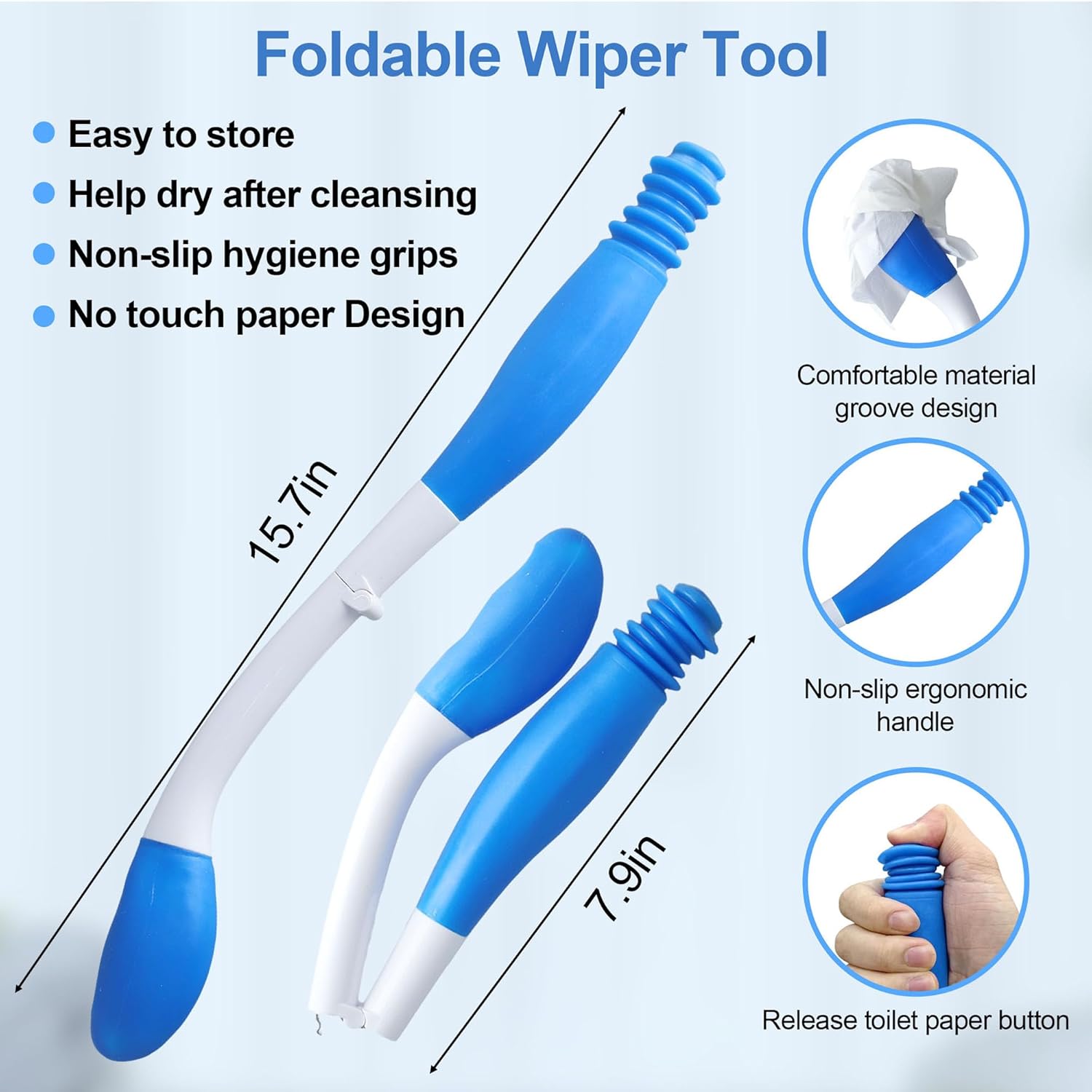 Portable Bidet Wiper Tool Set, ABS Material IPX7 Waterproof 1600mAh Rechargeable Travel Bidets, 15.7" Foldable Toilet Wiping Aids, Complete Hygiene Kit in Indoor Hiking Camping On-The-Go Trips - White