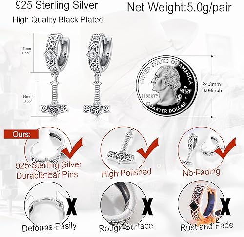 Miniatura 2 de Aretes colgantes de plata de ley 925, nudo celta, vikingo, espada, turquesa, martillo de Thor, negro, plata y oro, aretes colgantes de múltiples