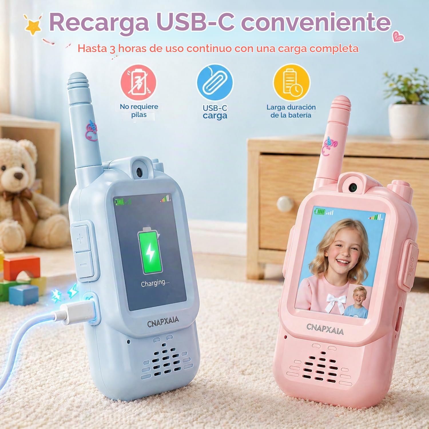 Walkie Talkie Niños con Cámara y Video en Tiempo Real, Juguete Interactivo con Emojis, Stickers y Efectos de Voz, Conexión Automática Sin Internet, Pack de 2 para Niños y Niñas 3-10 Años (Azul/Rosa)