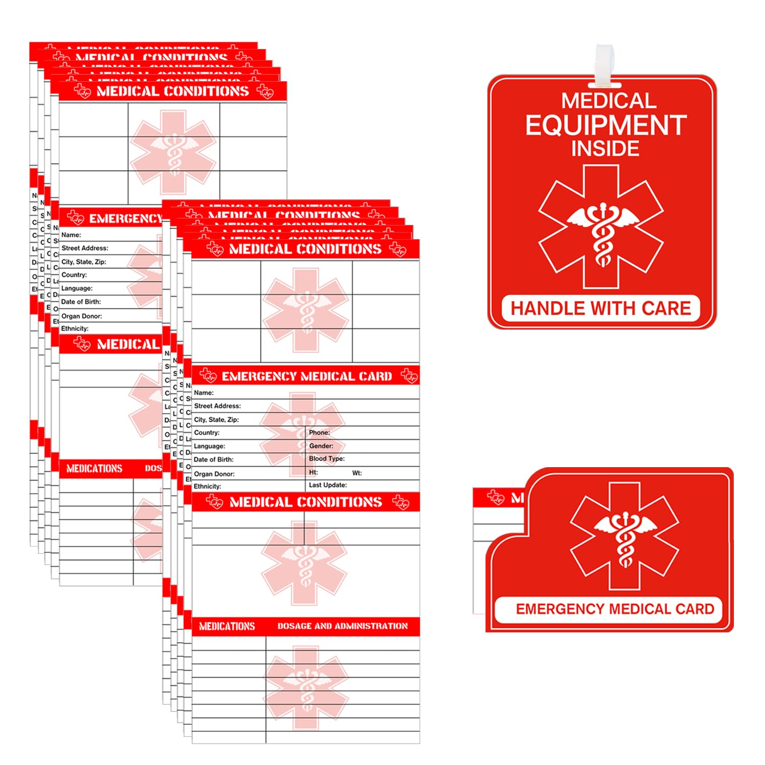 15 Pack Emergency Medical Cards Tri-Folding with Protective Sleeves- PVC Medical Equipment Inside Pocket Wallet Card, Health Alert Contact Information ID Card for First Responders, Caretakers