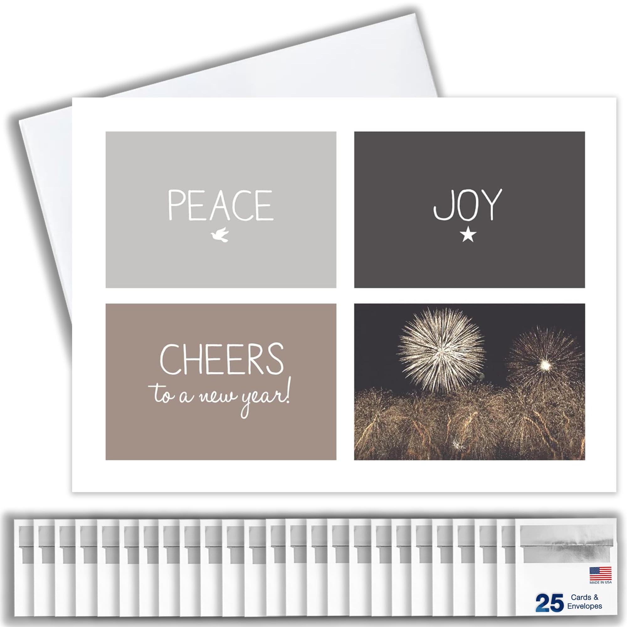 CEO Cards Business Greeting Card with Peace, Joy and Cheers to the New Year, Set has 25 Cards and 26 White with Silver Foil Lined Envelopes