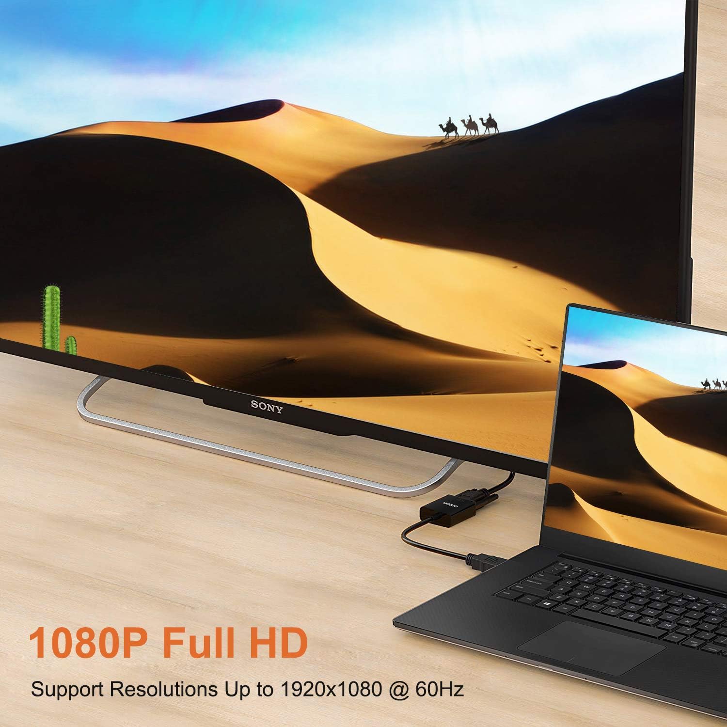 Laptop connected to a large TV displaying 1080P Full HD content
