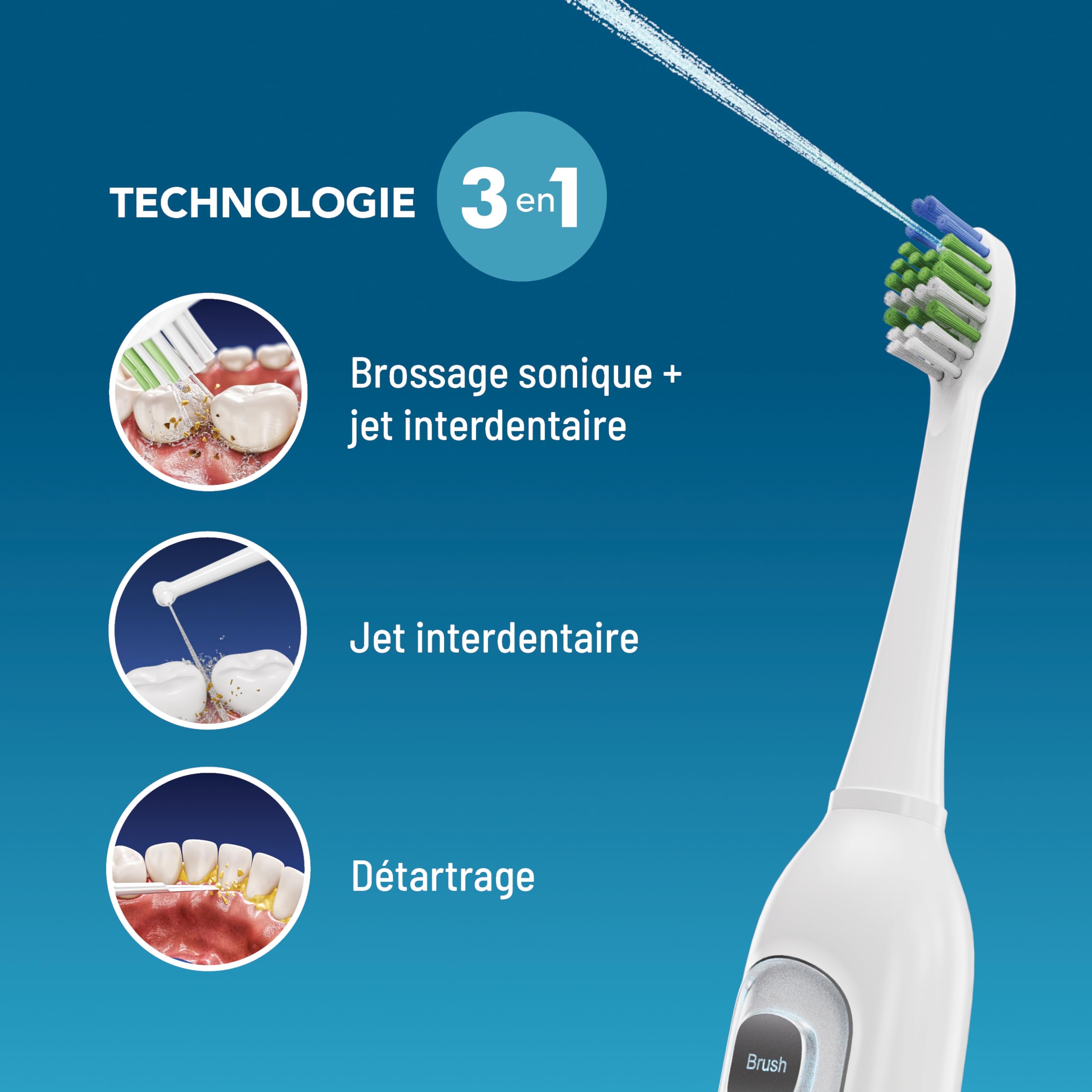 Haepi Julia – Brosse à dents électrique sonique 3 en 1 | Brossage +Jet interdentaire +Détartrage | 48 000 vibrations/min | Rechargeable USB | Pour gencives sensibles & porteurs d'appareils dentaires