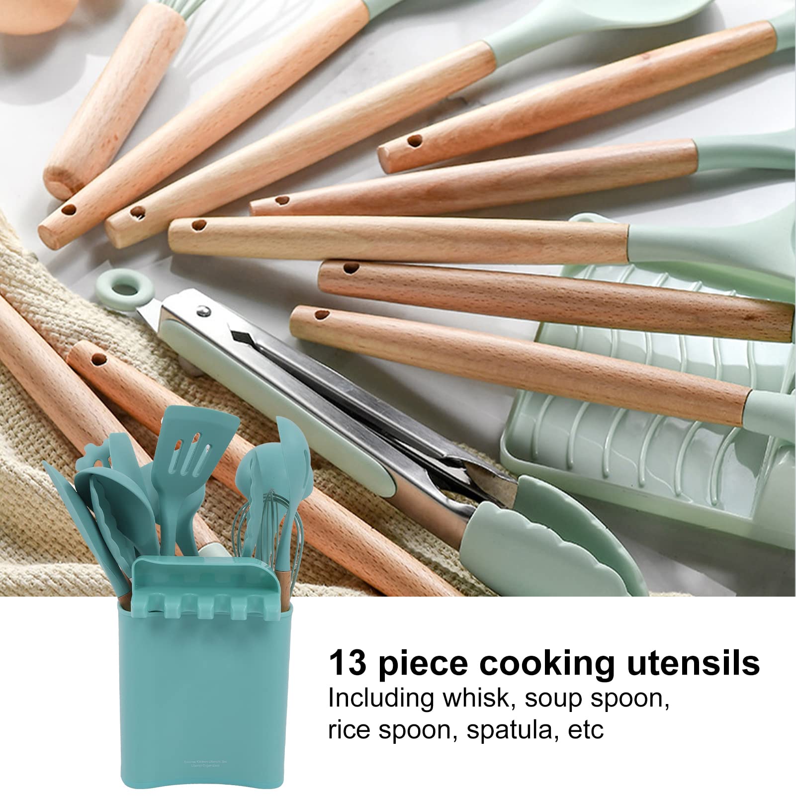 Ensemble D'Ustensiles de Cuisine en Silicone 13 Pièces, Ensemble de Spatules À Ustensiles À Coller Librement Avec Support, Ensemble de Spatules À Ustensiles (Vert foncé)
