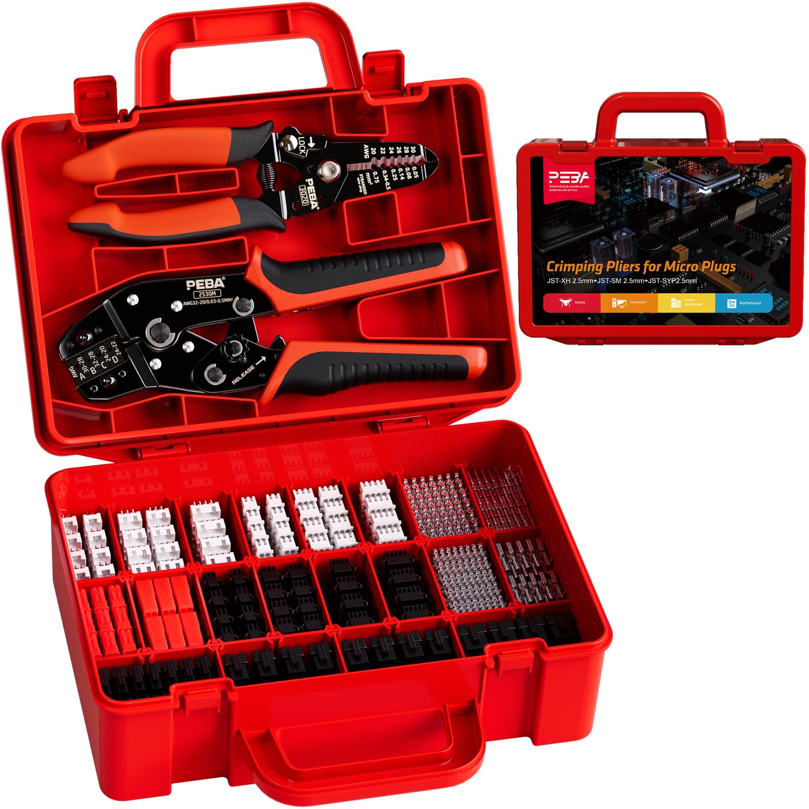 PEBA Set di Pinze Crimpatrici JST, con pinze a crimpatura, 20 stili connettore JST-XH, JST-SM e SYP, Pinza Spellacavi, Pinze Crimpatrici 0,03-0,5mm² per JST(XH/SM/PH/SYP), VH3.96 mm, 2.54mm, Molex