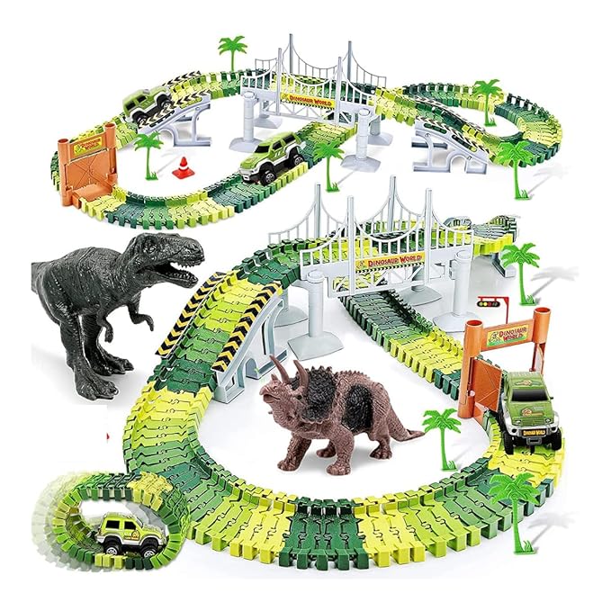 HIRNAYA Dinosaur Race Track Toy Set 142 Pcs Flexible Track Playset