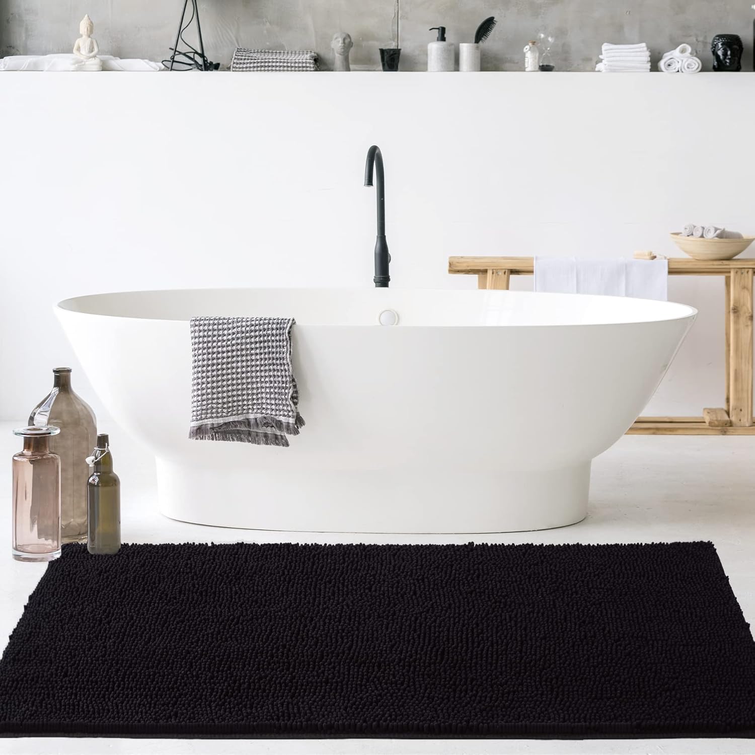 Noahas Bath Rugs 24'' x 70'' Large Runner Bathroom Rug, Soft Luxury Chenille Bathroom Mats with Non-Slip Backing, Throw Absorbent Carpet for Bath Tub/Shower, Machine Washable Durable Rug, Black