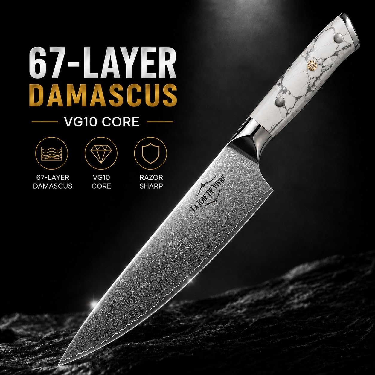 Damasco - Cuchillo de chef japonés de 8 pulgadas, con núcleo de acero VG-10 de 67 capas, cuchillo de cocina profesional ultra afilado, mango de resina turquesa blanca, caja de regalo premium