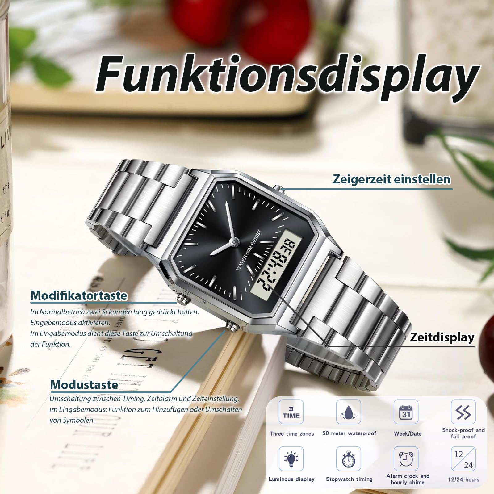 findtime Unisex Armbanduhr Analoge Digitale Retro Uhr Herren Damen Quarzuhr Wasserdicht Beleuchtung mit Datum Alarm Stoppuhr Herrenuhr Damenuhr Vintage Elegant Uhren