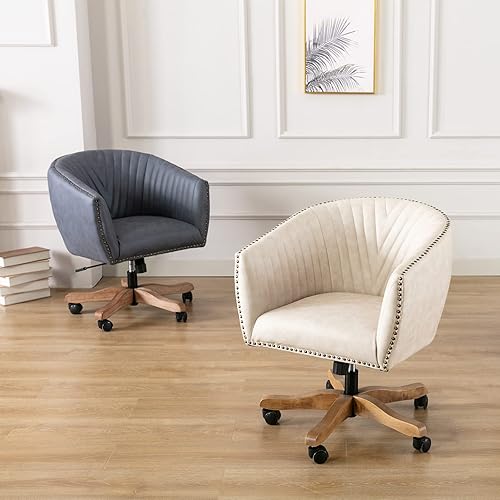 Miniatura 7 de Silla de escritorio de piel sintética beige, silla de escritorio tapizada giratoria con brazo ajustable con cabezas de clavos, cómoda silla de