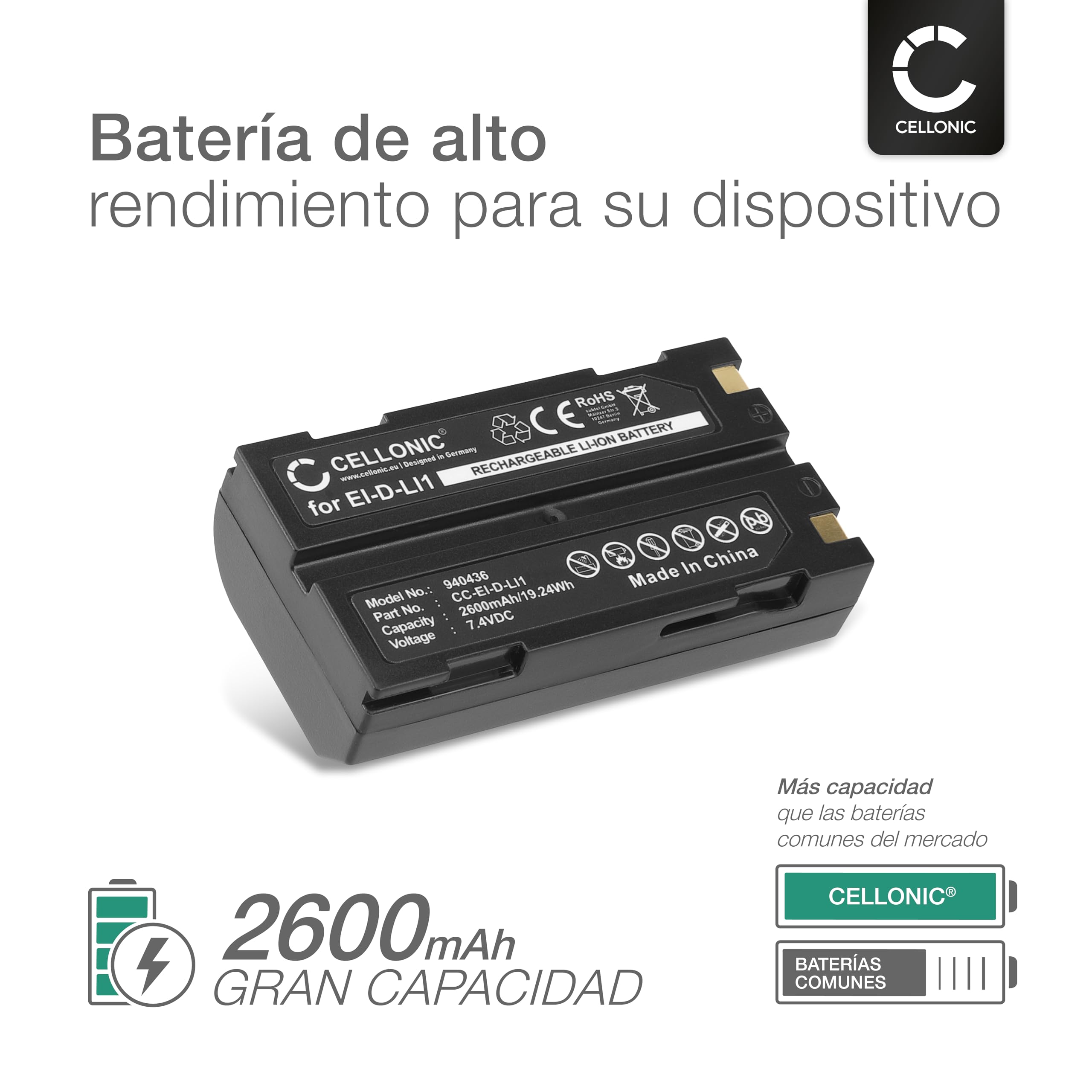 CELLONIC, Batería para Tecnología doméstica, Compatible con Trimble EI-D-LI1, R4, Photosmart 5800, MT1000 (7.4V, 2600mAh) 2 Unidades