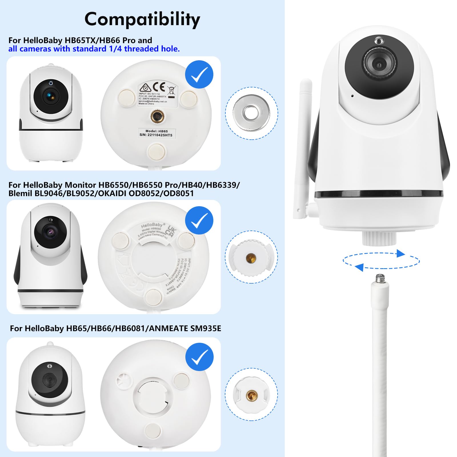 Baby Monitor Clip Mount Compatible with HelloBaby HB65/HB40/HB6550/HB66/HB6339/HB6550 Pro, ANMEATE SM935E, Flexible Baby Camera Holder Crib Mount for Hellobaby Monitor