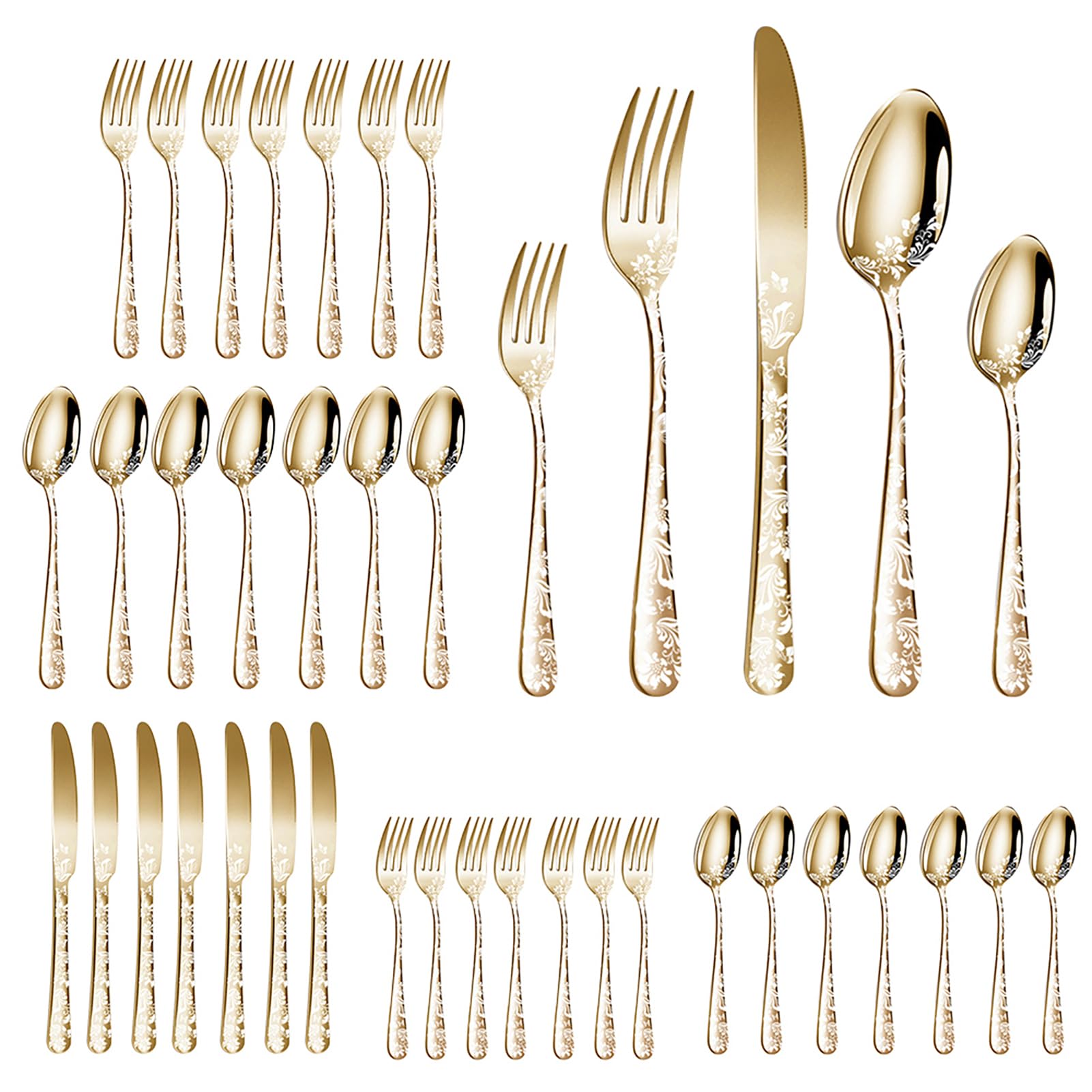 Walmeck JUEGO DE CUBIERTOS DE ACERO INOXIDABLE CUBIERTOS PULIDO ESPEJO 40PCS PARA COCINA RESTAURANTE FIESTA (Oro)