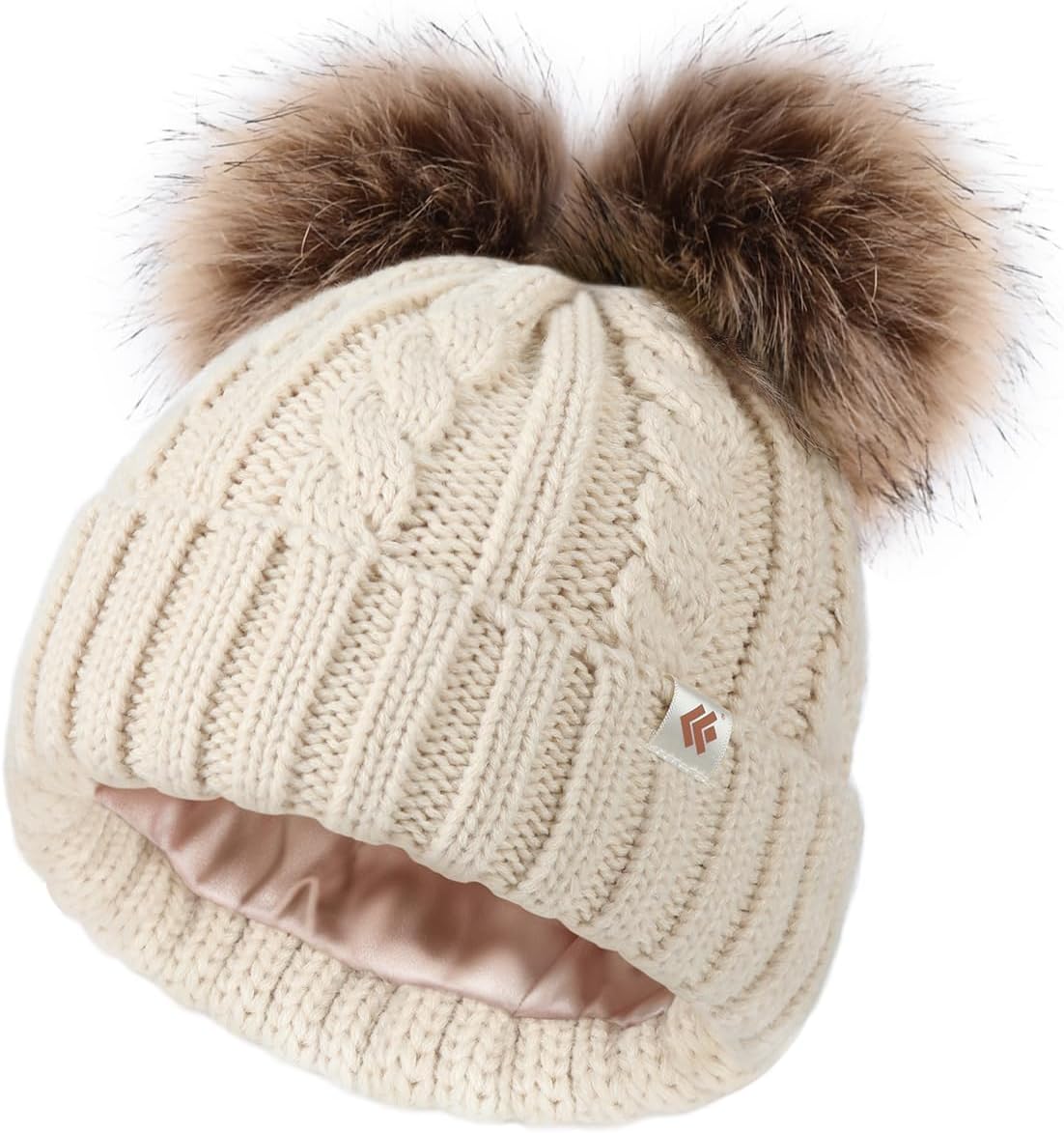 Kids Beanie Satin Lined Winter Beanie Hat for Baby Boy Girl Warm Todders Beanie with Double Pom Pom Ears 1-7 Years