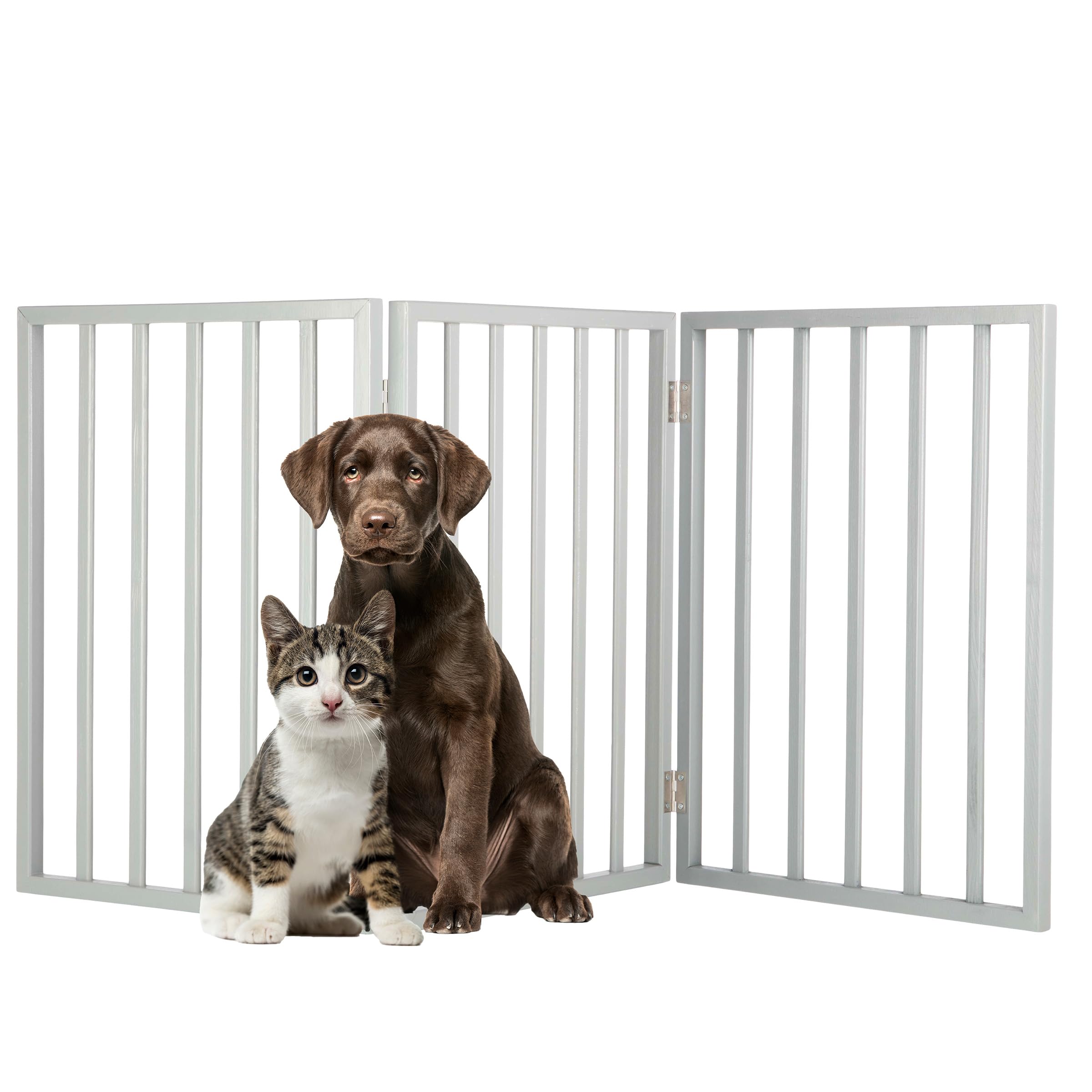 (DAMAGED)Pet Gate - 3-Panel Indoor Foldable Dog Fence for Stairs, Hallways, or Doorways - 54x24-Inch Retractable Wood Freestanding Dog Gates by PETMAKER (Gray)