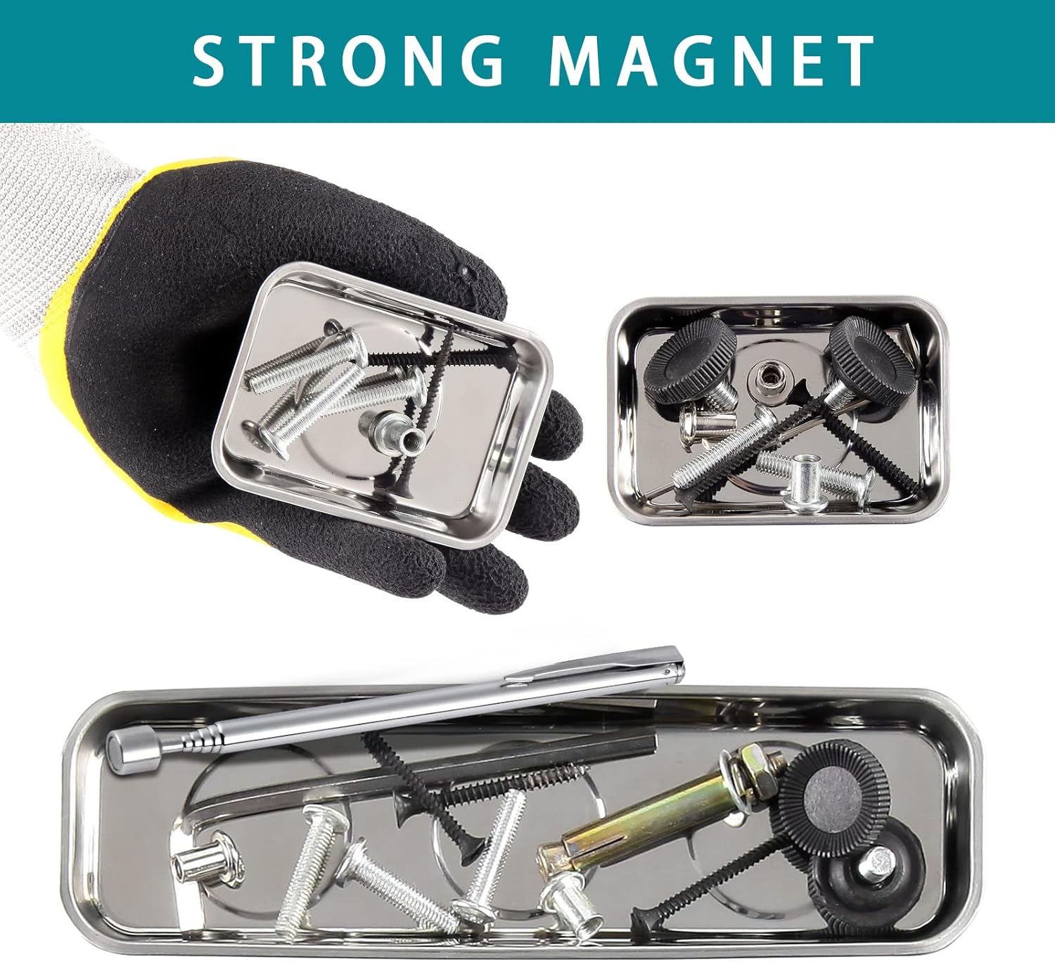 3 Pieces Magnetic Trays Bundle 8.9" and 2 Pieces 3.7" Rectangle with 5LBs Telescoping Magnetic Pick-up Tool Set