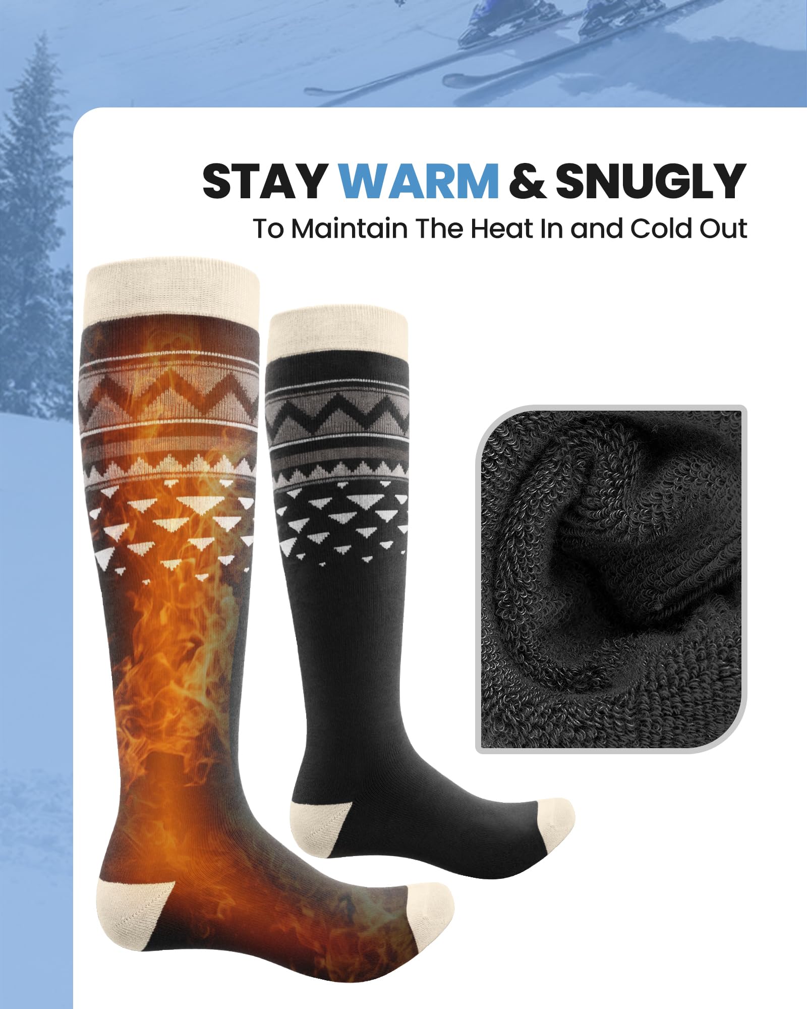 OutdoorMaster Chaussettes de ski, Lot de 2 Paires de Chaussettes de Ski et de Snowboard Pour Homme et Femme avec Design OTC avec Manchette Antidérapante