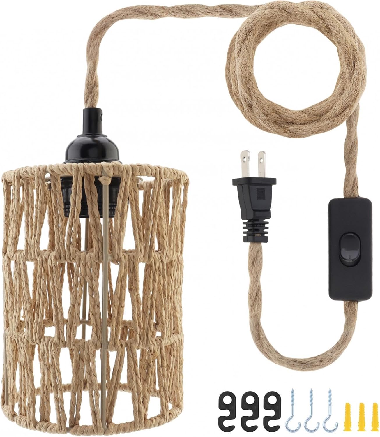 RTNLIT Boho Hanging Lamp Plug in Rattan Pendant Light with 14.7ft Cord, Retro Lamp Shade Replacement with On Off Switch for Bedroom Living