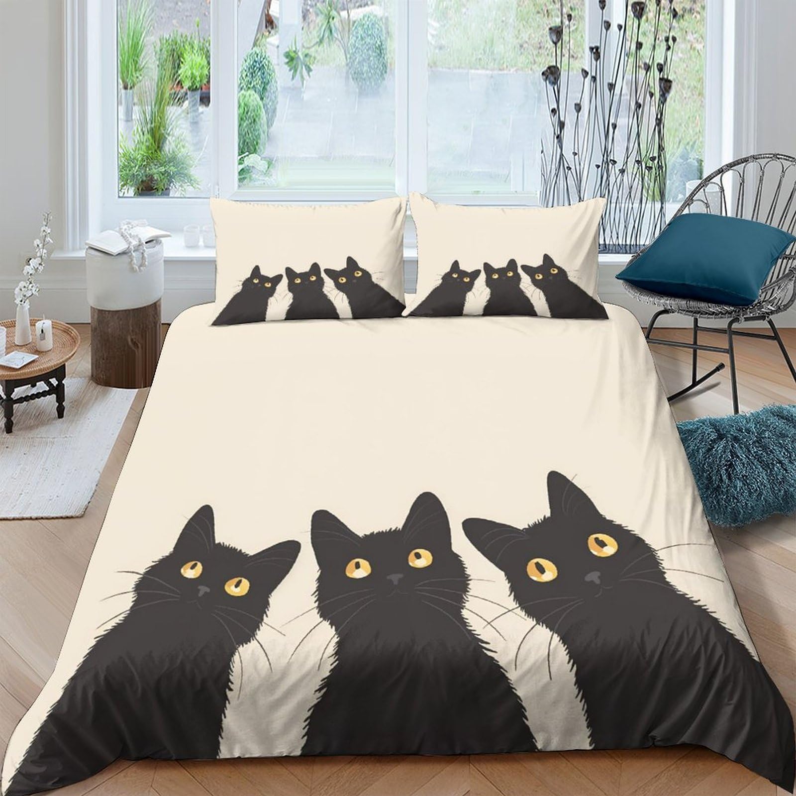 Ctjqhvkz Style-1 3D Printed Black Cat Fitted Sheet Microfiber Soft Cream Bed Cover For Bedroom Decor Dorm Guest Room Protection Single（135X200cm）