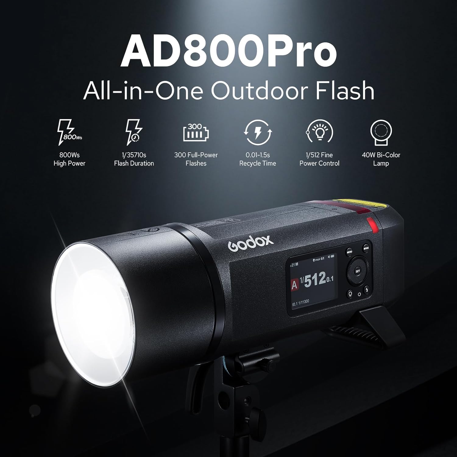Godox AD800 Pro AD800Pro Outdoor Flash Strobe, Portable 800Ws 2.4G TTL 1/8000 HSS Monolight, 0.01-1.5s Recycle, 40W LED Modeling Lamp, GODOX AD 800 Pro with Rechargeable Battery & Bowens Mount
