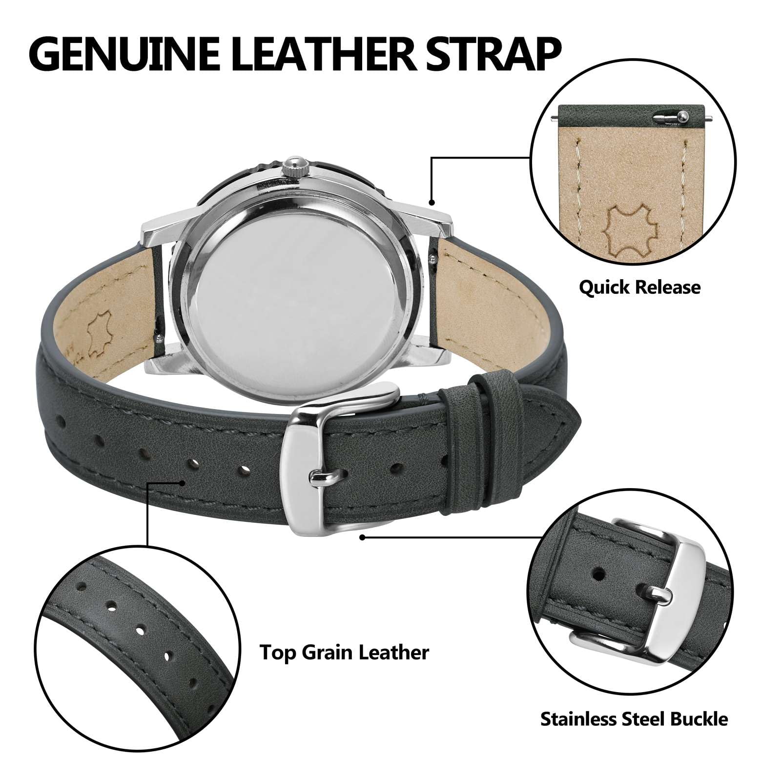 BISONSTRAP Eleganti Cinturino per Orologi in Pelle, Sgancio Rapido, Cinturino da Donna e da Uomo, Compatibili con Anse dell'orologio da 12mm 14mm 15mm 16mm 18mm 20mm