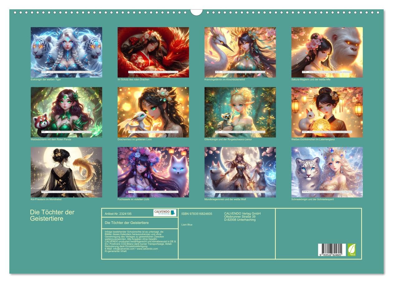 Die Töchter der Geistertiere (Wandkalender 2027 DIN A2 quer), CALVENDO Monatskalender: Anime-Fantasy - Magische Bande zwischen Mensch und Tier (CALVENDO Kunst)