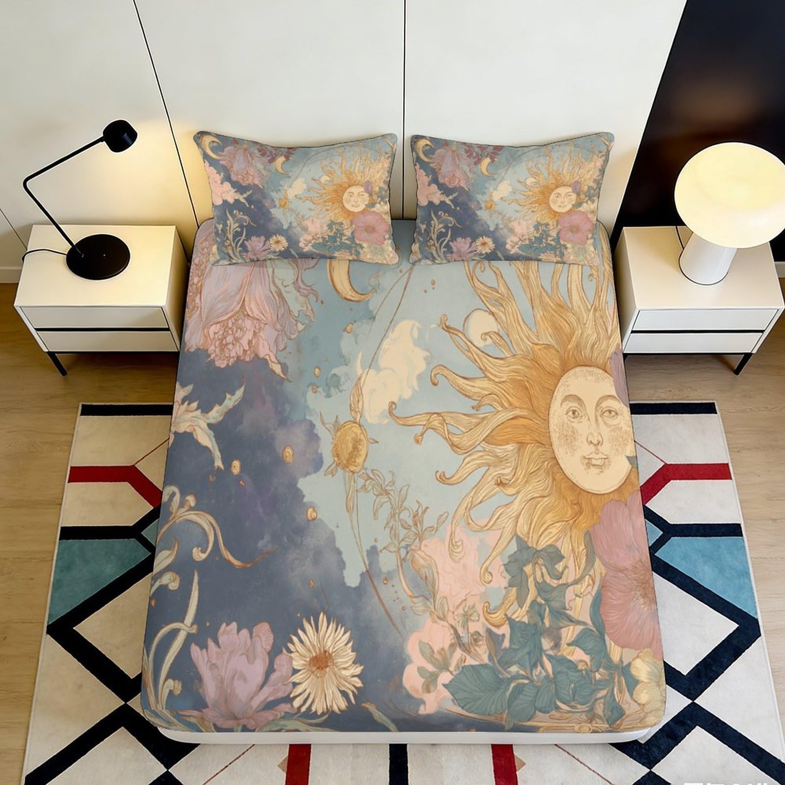 3D Printed Sun Flower Sky Fitted Sheet Microfiber Soft Anti-Slip Moon Art Mattress Cover for Bedroom Guest Room Decor 140x200x25cm