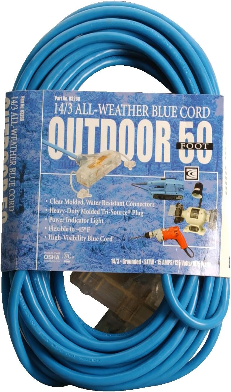Southwire Cold Weather Extension Cord - 14/3 Gauge - 3 Outlets - Remains Flexible to -45°F - Fluorescent Blue Vinyl Jacket for High Visibility - For Harsh Winter Conditions - UL Listed - 50 Feet