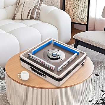 Automatic Mahjong Machine, Portable Foldable Mahjong Table w/ 144 Magnetic Tiles, Suitable for Chinese & Filipino Style, Auto Shuffling Mah Jong Table for Indoor & Outdoor Adults White