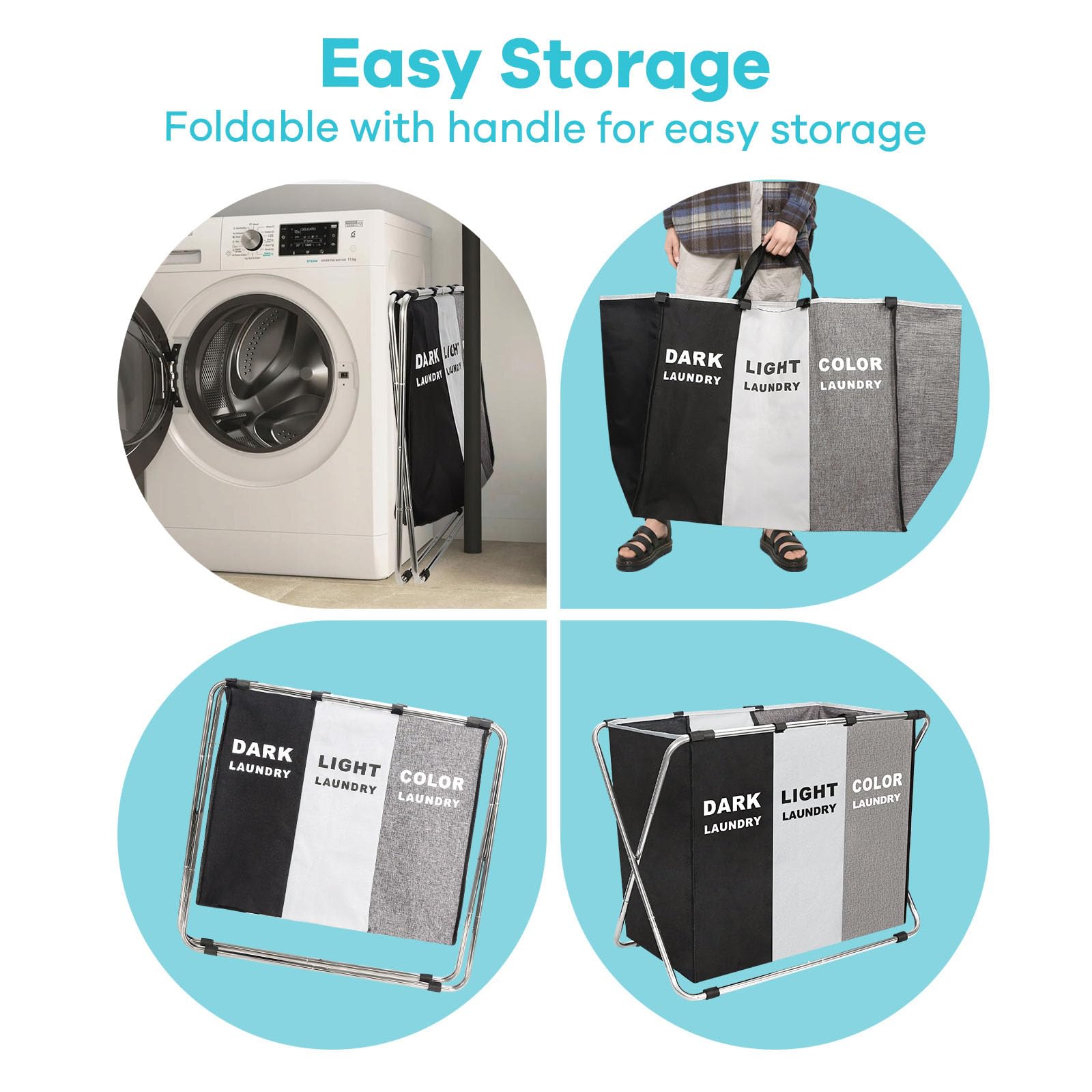 Laundry Cloth Hamper Sorter Basket Bin Foldable 3 Sections with stainless steel Frame Washing Storage Dirty Clothes Bag for Bathroom Bedroom Home Storage Basket (Black+light+dark, 3 Sections)