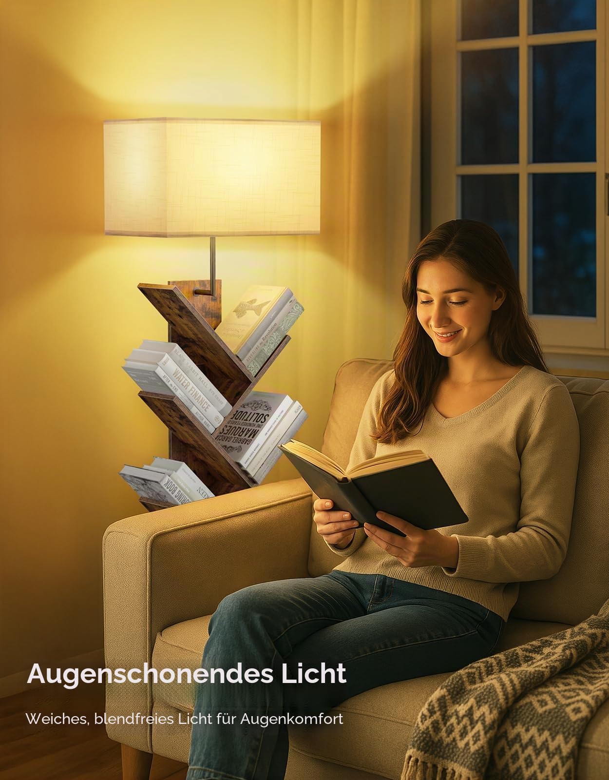 Baum Bücherregal mit Licht, 9 Ebenen Eckregal，Fernbedienung & Timer, Schmales Standregal aus Holz, Kleines Regal für Bücher, CDs & DVDs, für Wohnzimmer, Kinderzimmer, Büro(Rustic Brown)