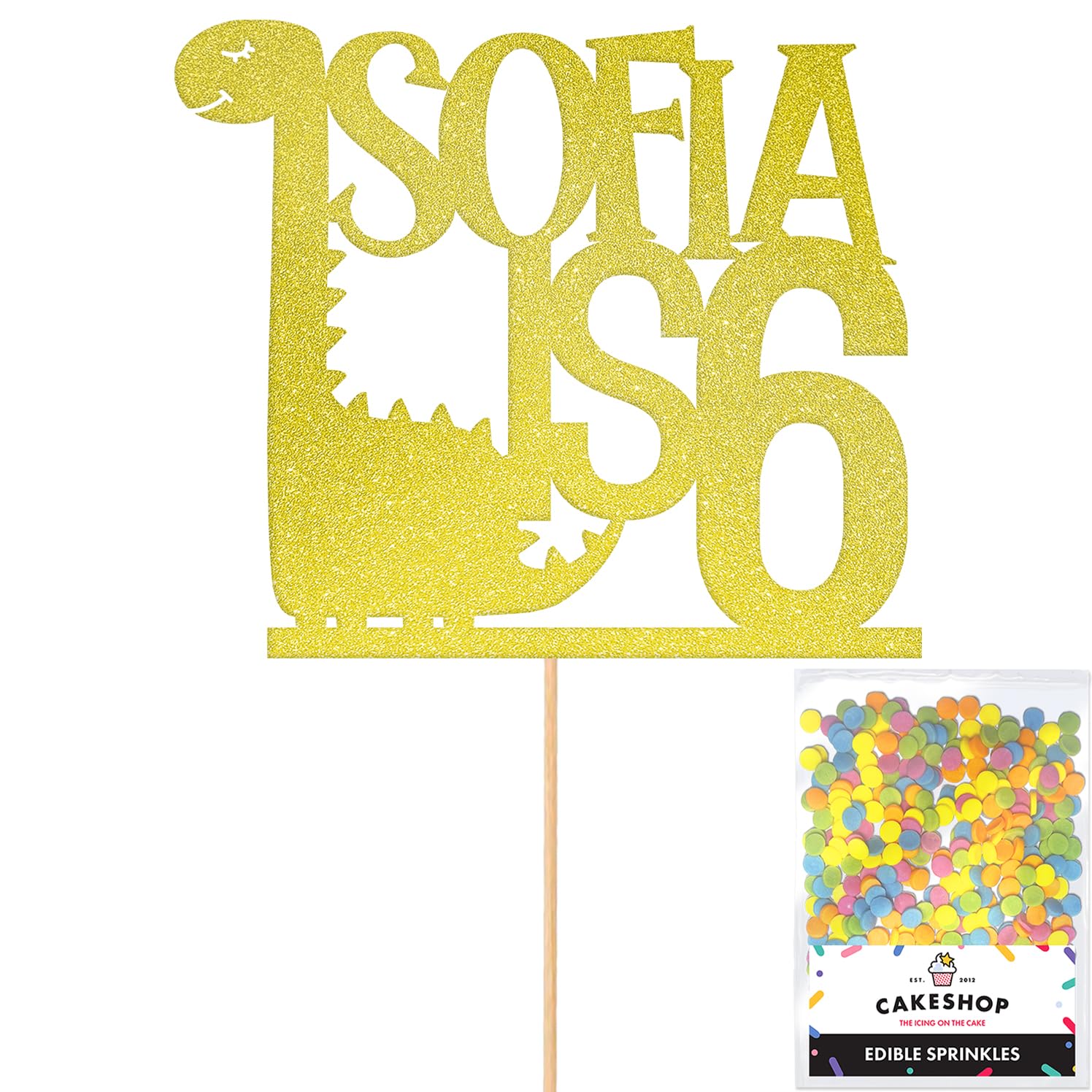 Personalised Birthday Dinosaur Glitter Cake Topper- Champagne Any Name & Age Glitter Cake Decoration and Sprinkles - Happy Birthday Decorations - Personalised Toppers for Cakes by Cakeshop — image 1