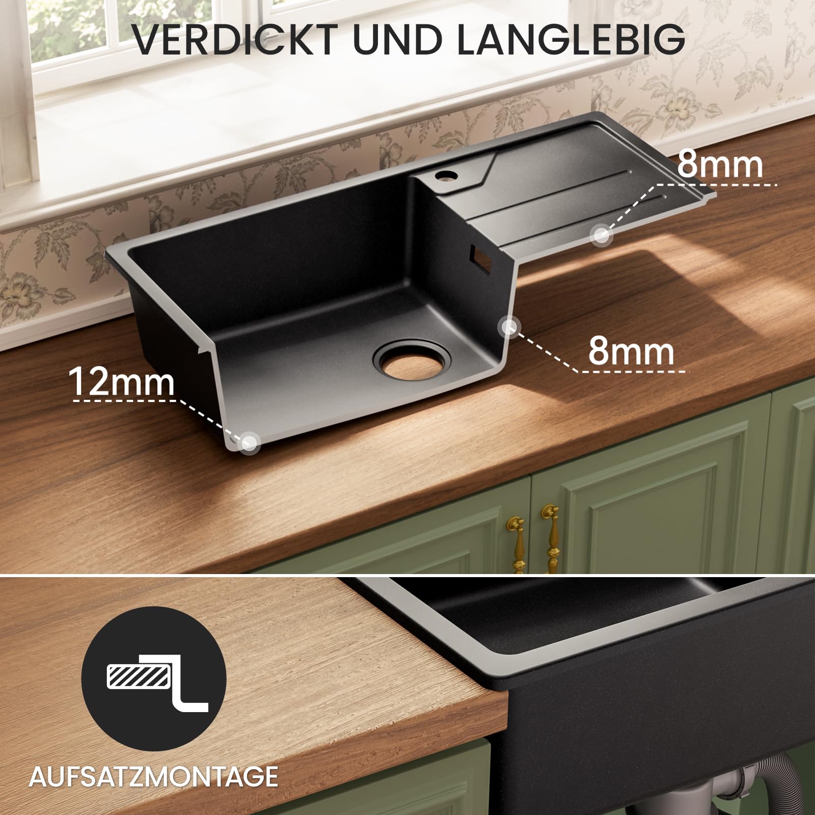 CECIPA Spülbecken mit Abtropffläche 86 x 45 cm, Spüle küche Schwarz, Granitspüle Küchenspüle Graphitschwarz, Küchenwaschbecken, 1 becken, inkl. Siphon Ab- und Überlaufgarnitur | Spülbecken mit Abtropffläche 86 x 45 cm, Spüle küche Schwarz, Granitspüle Küc