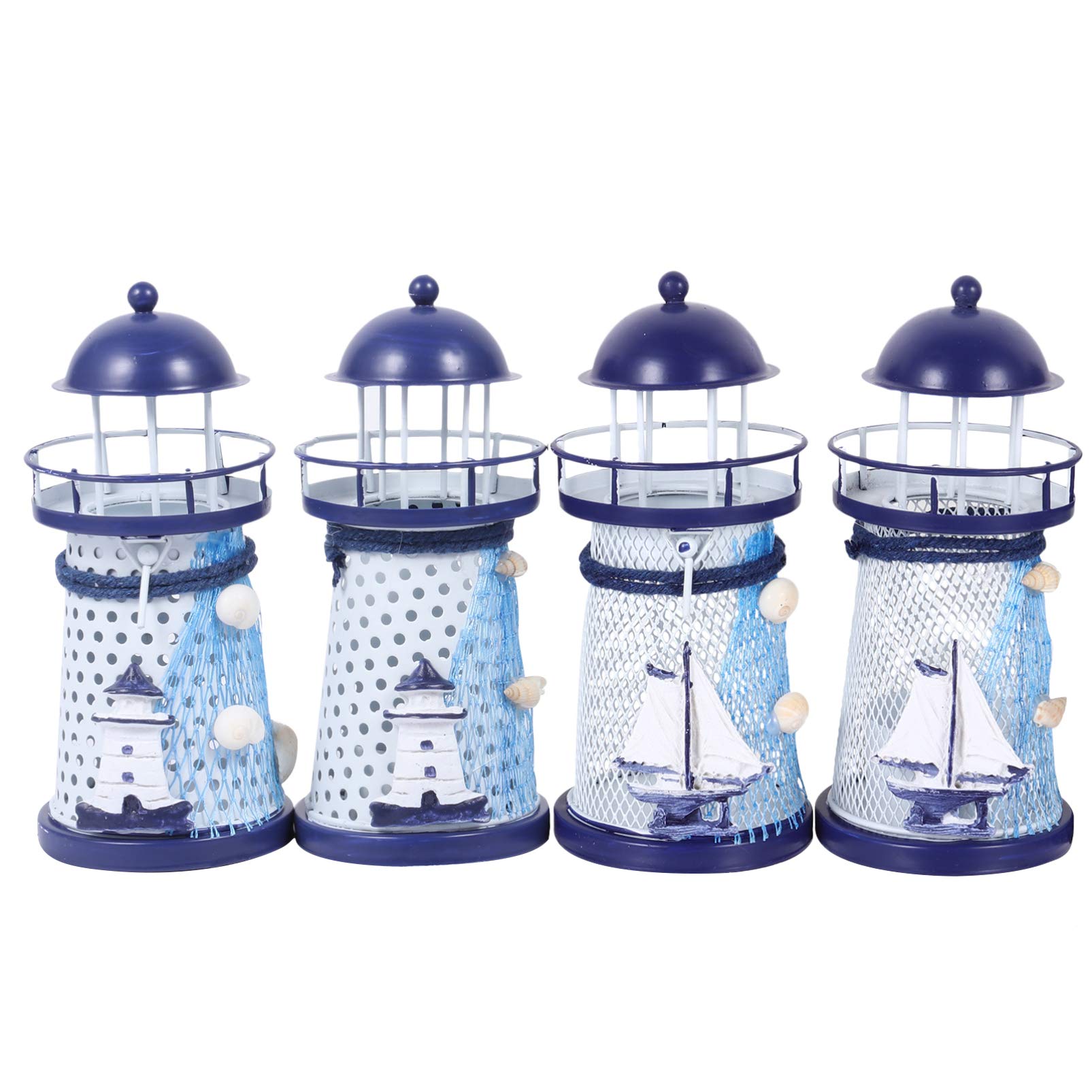 KESYOO 4pcs Nautical Lighthouse Pharos Beacon Candle Holder Tealight Holder Mediterranean Style Metal Candelabrum Stand for Home Cafe Decor Housewarming Gift Blue