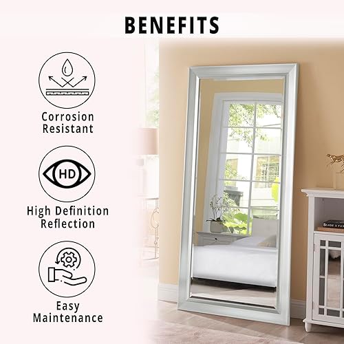 Miniatura 6 de Espejo grande de longitud completa con marco biselado, espejo grande y rectangular, espejos enormes para dormitorio gran tamaño XL, color plateado,